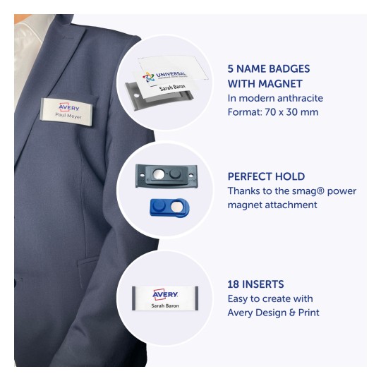 Imaginea arată o persoană care poartă un costum cu o legitimație pe piept. Aceasta include informații despre legitimații, cum ar fi numărul de legitimații, descrierea suportului și inserții pentru personalizare.