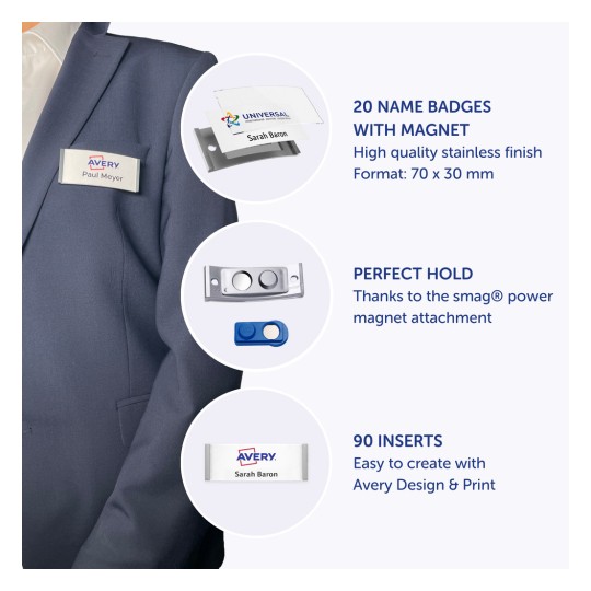 Imaginea arată un costum profesional cu o insignă de nume atașată. Detaliază caracteristici precum 20 de insigne de nume cu magneți, prinderi perfecte cu un atașament magnetic și 90 de inserții pentru personalizare ușoară.