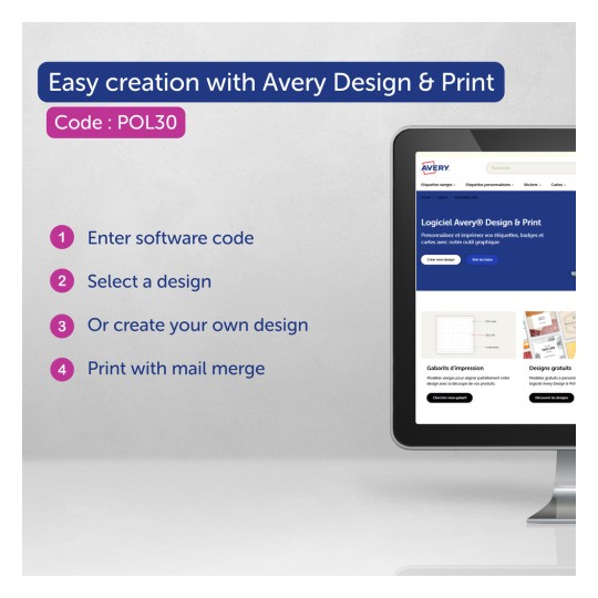 Imaginea afișează instrucțiuni pentru utilizarea software-ului Avery Design & Print, prezentând pașii pentru crearea etichetelor, ecusoanelor și cărților. Sunt evidențiate introducerea unui cod de software, selectarea sau crearea unui design și imprimarea cu fuziune de corespondență.