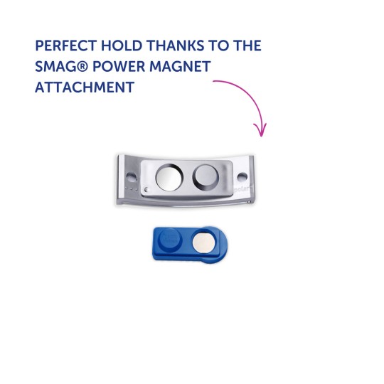 Imaginea prezintă o ilustrație a produsului SMAG® accesorii magnetice de putere, evidențiind un design argintiu și albastru. Textul subliniază că acestea oferă o aderență perfectă.