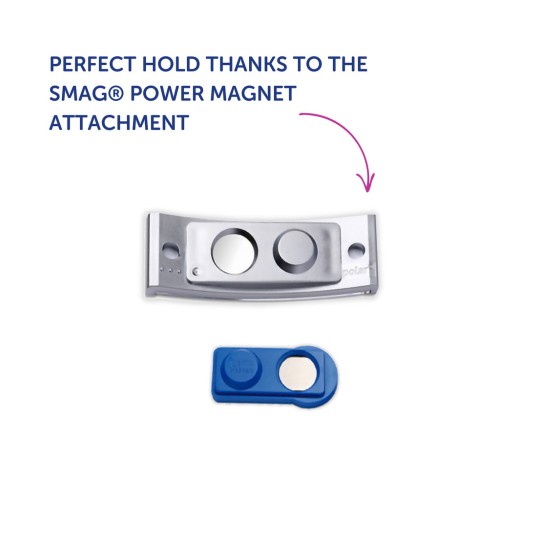 Imaginea arată un accesoriu SMAG® Power Magnet cu un suport magnetic argintiu și o componentă albastră, oferind o susținere perfectă.