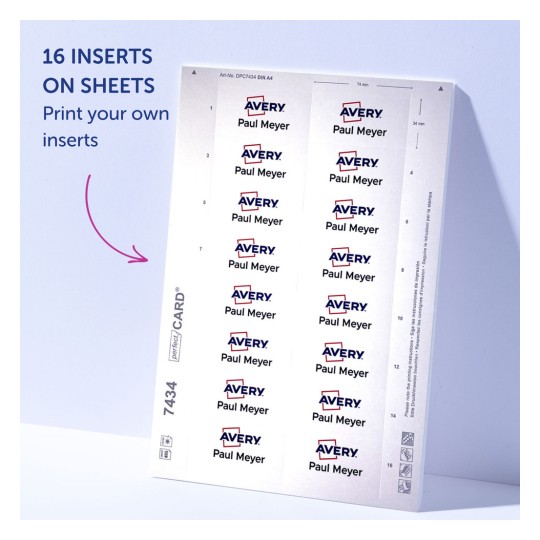 Imaginea arată o foaie care conține 16 inserții etichetate cu 'Avery' și numele 'Paul Meyer' pentru imprimare. Sugerează imprimarea propriilor inserții.