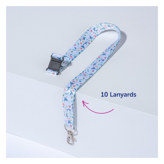 Imaginea arată un șnur colorat cu un design floral și o clemă. Este așezat pe o suprafață plană, cu o etichetă care indică '10 șnururi.'