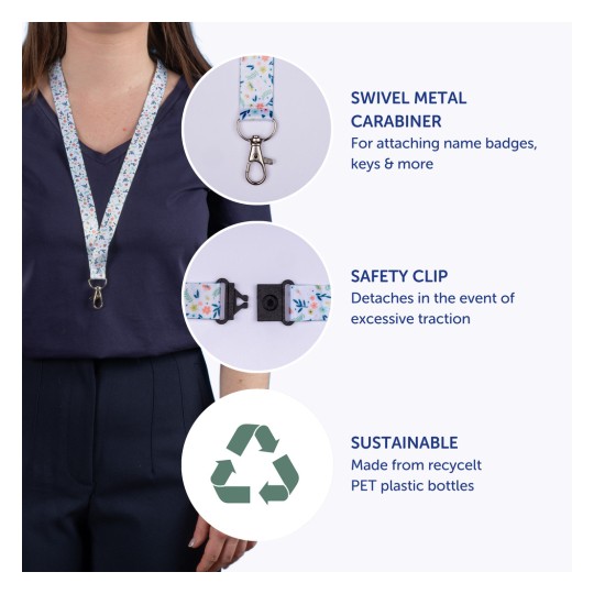 Imaginea arată un șnur floral cu caracteristici evidențiate, inclusiv un carabinier rotativ din metal, un clip de siguranță și informații despre faptul că este fabricat din sticle de plastic PET reciclate.