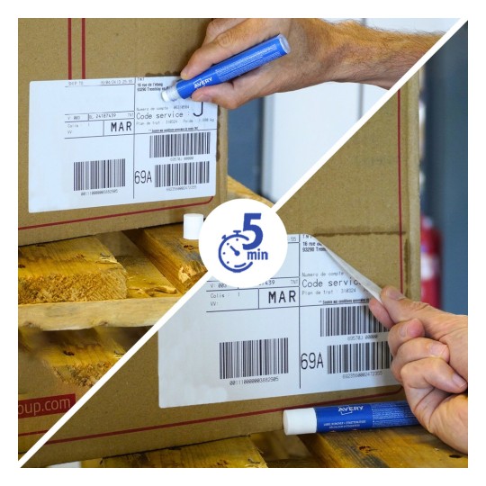 Hands peeling barcode shipping label from cardboard box on wooden pallet
