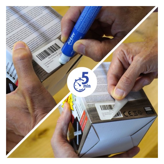 Hands using an Avery glue pen to remove a barcode sticker from a product box