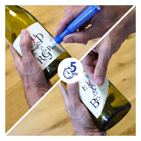 Hands applying and peeling a wine bottle label with a blue Avery marker and 5-minute icon