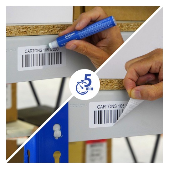 Hand applying and peeling barcode label reading 'CARTONS 105 X 200' on shelf edge