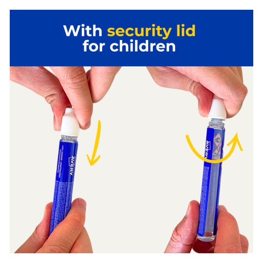 Hands removing and twisting a white child-resistant cap from a blue Avery glue pen