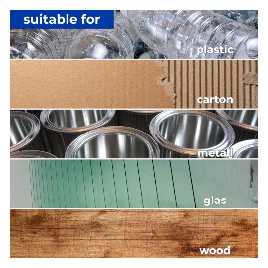 Striped collage of recyclable materials: plastic bottles, cardboard, metal cans, glass panes, and wood