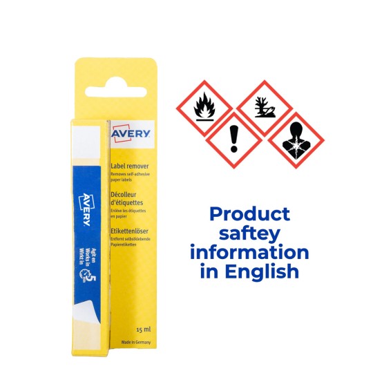 Yellow Avery label remover tube package with hazard pictograms and safety text