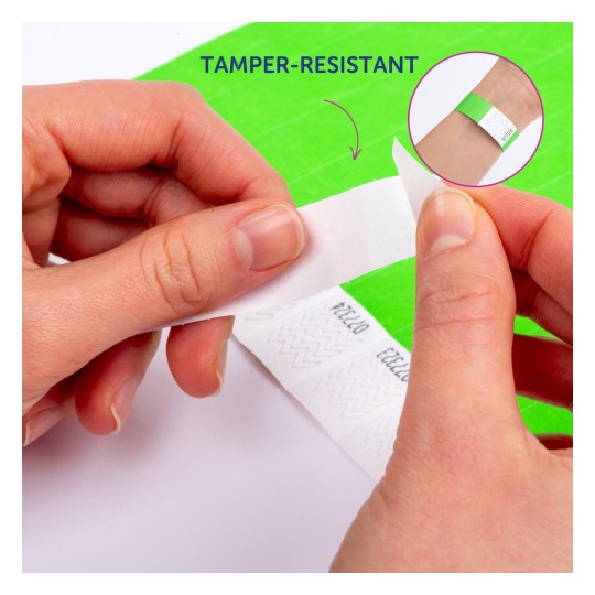 Imaginea arată o persoană care ține și decojește o brățară rezistentă la manipulare. Fundalul este o suprafață de culoare verde aprins, iar un chenar mic arată o brățară pe un încheietura mâinii.