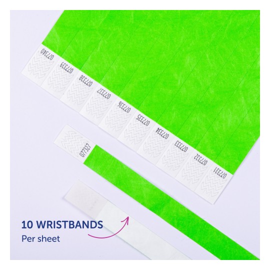 Imaginea arată o foaie de brățări verzi cu un total de 10 brățări pe foaie. Fiecare brățară are un design în zigzag și este marcată cu diverși identificatori.