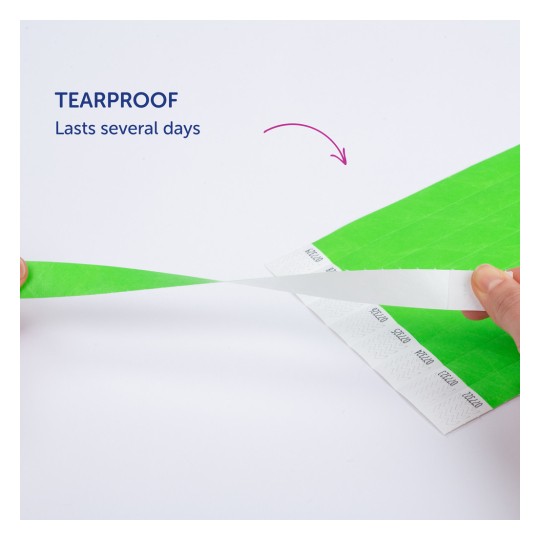 Imaginea arată o mână care despărte un material verde rezistent la rupere, cu un suport alb. Textul indică faptul că durează câteva zile.