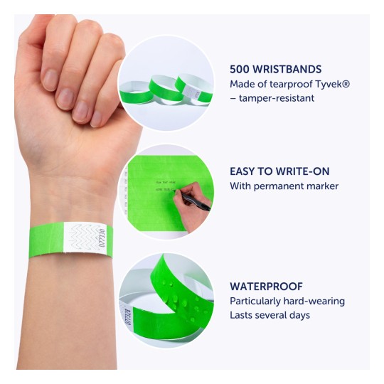 Imaginea prezintă brățări verzi realizate din Tyvek rezistent la rupere, evidențiind caracteristicile lor, inclusiv rezistența la manipulare, ușurința de scriere și calitățile impermeabile. Aceasta scoate în evidență o mână purtând una dintre brățări, iar alte imagini prezintă brățările și pe cineva scriind pe o suprafață verde.