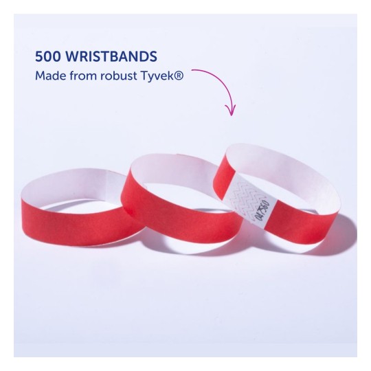 Imaginea arată 500 de brățări realizate din Tyvek® robust, dintre care trei sunt afișate în roșu și alb.