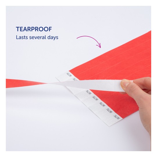 Imaginea arată o bandă rezistentă la rupere, etichetată „Rezistă câteva zile”, alături de un material roșu, cu mâini care demonstrează dezlipirea unei benzi albe de dedesubt.