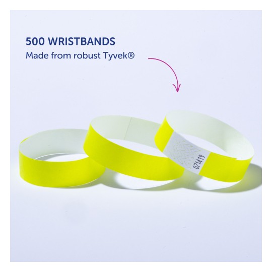 Imaginea afișează un set de trei brățări galbene realizate din Tyvek® robust, cu textul care indică faptul că sunt disponibile 500 de brățări.