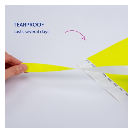 Imaginea arată o mână care ține o bandă galbenă rezistentă la rupere, subliniindu-i durabilitatea cu textele 'TEARPROOF' și 'Durează câteva zile'.