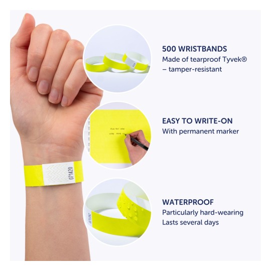 Imaginea afișează brățări de mână galben strălucitor, realizate din material Tyvek rezistent la rupere. Ea evidențiază caracteristici precum 500 de brățări disponibile, ușor de scris pe ele cu un marker permanent și caracteristici rezistente la apă, indicând durabilitate și rezistență pentru utilizare pe termen lung.