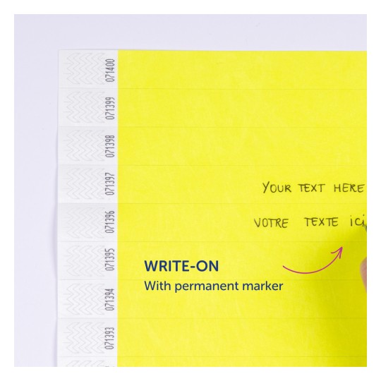 Imaginea prezintă o pagină galbenă strălucitoare cu instrucțiuni de a scrie pe ea folosind un marker permanent. Există spații pentru text, inclusiv 'Your text here' în engleză și 'Votre texte ici' în franceză.