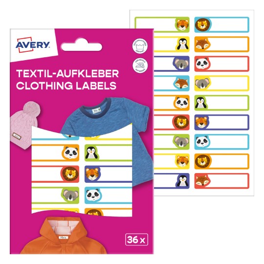 Imaginea pachetului cu foaie de etichete: Etichete textile Avery, Articol: ETVET36A, Format: 13 x 45 mm, Conținut: 36 etichete / 2 foi, 18 etichete/foaie.