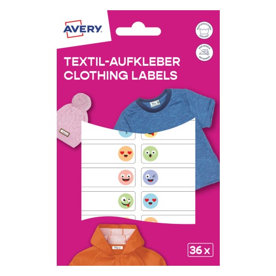 Imaginea prezintă un ambalaj pentru etichete de îmbrăcăminte Avery, cu designuri colorate de fețe zâmbitoare. Include un fundal roz și imagini ale unor articole de îmbrăcăminte, cum ar fi un tricou albastru, o jachetă portocalie și o pălărie roz.