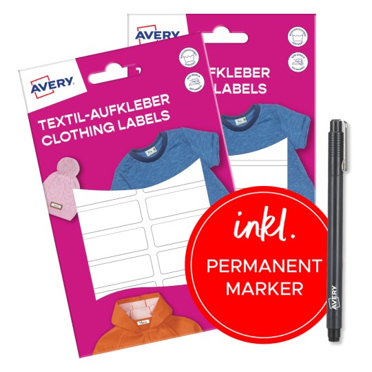 Imaginea pachetului cu marker permanent: Avery, Etichete textile, Articol: ETVET36X2PEN, Format: 13 x 45 mm, Conținut: 72 de etichete / 4 foi, 18 etichete/foaie.