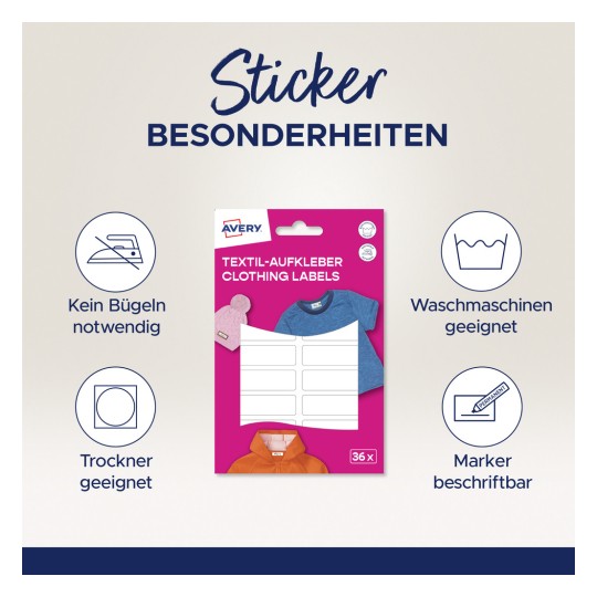 Imaginea arată un pachet de etichete pentru îmbrăcăminte de la Avery. Acesta evidențiază caracteristici precum: nu necesită călcare, lavabilă la mașină, sigură pentru uscător și potrivită pentru marcarea cu un marker permanent.