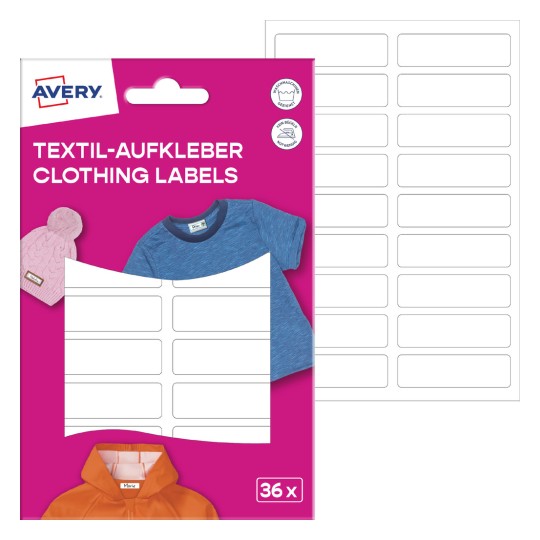 Imagine pachet cu foaie de etichete: Etichete textile Avery, Articol: ETVET36, Format: 13 x 45 mm, Conținut: 36 etichete / 2 foi, 18 etichete/foaie?