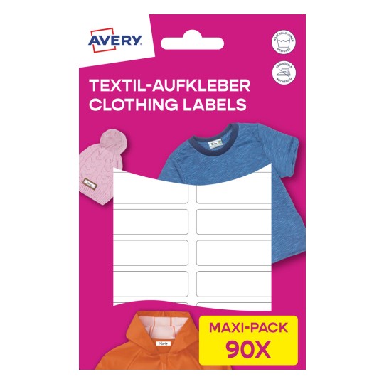 Imaginea arată etichete pentru îmbrăcăminte Avery, cu un fundal roz, având un tricou albastru, o jachetă portocalie și o căciulă roz. Indică un pachet maxi de 90 de etichete.