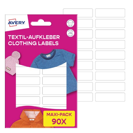 Imaginea arată un ambalaj pentru etichete de îmbrăcăminte Avery, având cuvintele 'Textil-Aufkleber Clothing Labels' și afișând un fundal roz cu exemple de articole de îmbrăcăminte și șabloane de etichete goale.