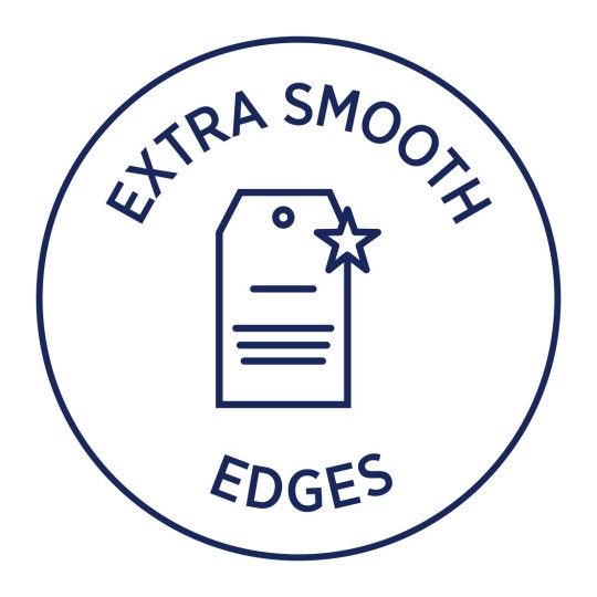 Imaginea prezintă un design circular cu cuvintele „EXTRA SMOOTH” în partea de sus și „EDGES” în partea de jos, împreună cu o ilustrație a unei etichete cu o stea.
