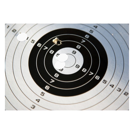 Imaginea înfățișează o țintă de trageri cu mai multe găuri care indică locurile unde au fost trase focurile. Ținta prezintă cercuri concentrice numerotate de la 1 la 10, cu cel mai mare număr în centru, arătând un grupaj strâns de focuri aproape de centru.