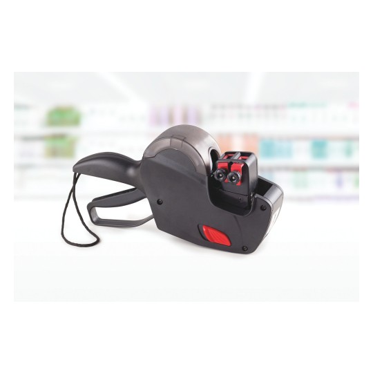 Imaginea arată un pistol de etichetare, un dispozitiv folosit pentru a eticheta produsele în magazine. Acesta are un mâner și un mecanism pentru a distribui etichetele de preț ușor și eficient.