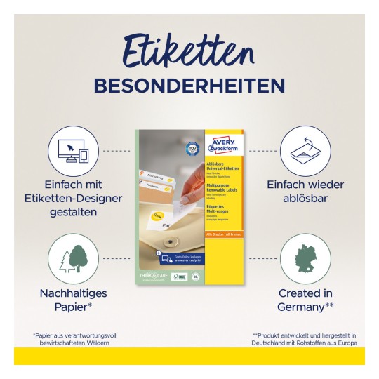 Imaginea prezintă o foaie de etichete de produs de la Avery Zweckform, evidențiind caracteristici precum designul ușor, etichetele detașabile și hârtia sustenabilă. Textul este în germană, indicând că etichetele sunt potrivite pentru diverse utilizări și sunt produse în Germania.