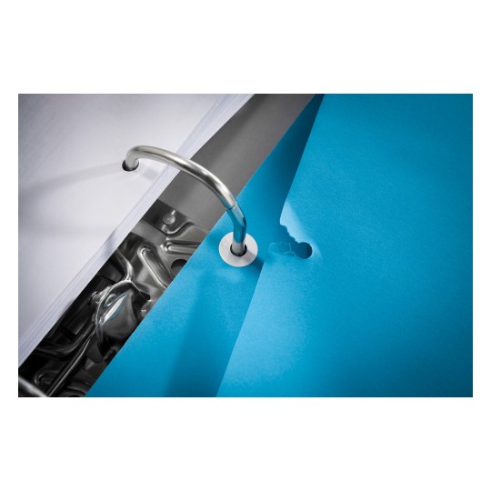 The image shows a close-up view of a binder with a shiny metal ring, a hole-punched blue sheet of paper, and white paper behind it.