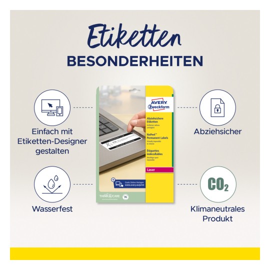Imaginea prezintă un produs pentru etichete de la Avery Zweckform, evidențiind caracteristici precum rezistența la apă, rezistența la decojire și ecologicitatea. De asemenea, se menționează utilizarea unui instrument de design pentru personalizare.