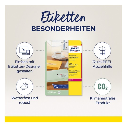 Imaginea afișează o reclamă pentru etichetele transparente de adresă Avery, evidențiind caracteristici precum designul ușor, rezistența la intemperii, asistența QuickPEEL și neutralitatea climatică.