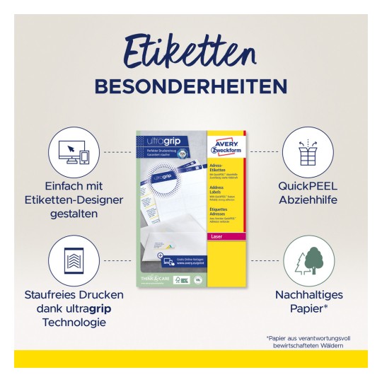 Imaginea prezintă ambalajul pentru etichetele Avery Zweckform ultra grip, evidențiind caracteristici precum designul ușor, asistența QuickPEEL și hârtia sustenabilă. Este subliniată compatibilitatea cu imprimantele laser și se abordează utilizabilitatea etichetelor.