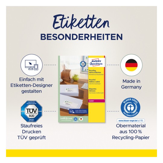 Imaginea afișează o reclamă pentru etichete de adrese Avery din hârtie reciclată, evidențiind caracteristici precum fabricarea din hârtie 100% reciclată și certificarea TÜV pentru imprimante laser. Include un instrument de design pentru personalizare ușoară.