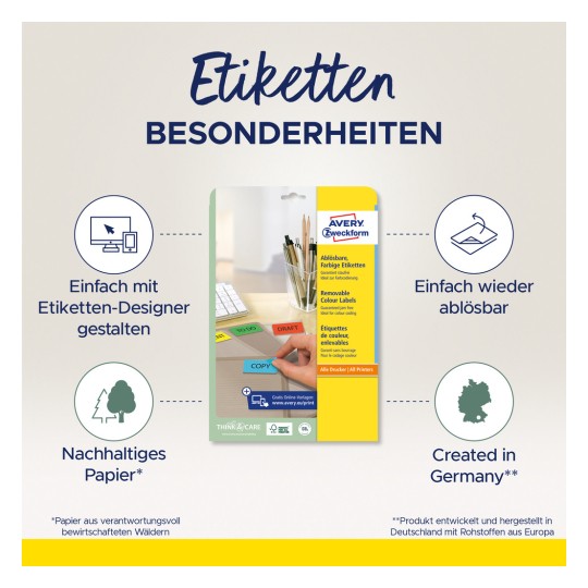 Imaginea prezintă un ambalaj de produs pentru etichete colorate detașabile de la Avery Zweckform. Include diverse caracteristici precum design ușor cu un designer de etichete, caracteristici detașabile și angajamentul pentru sustenabilitate, imprimate în limba germană.