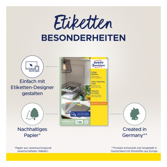 Imaginea prezintă o reclamă de produs pentru etichete organizatoare colorate de la Avery Zweckform. Se evidențiază procesul ușor de design utilizând un designer de etichete, hârtia sustenabilă și faptul că produsul este creat în Germania.