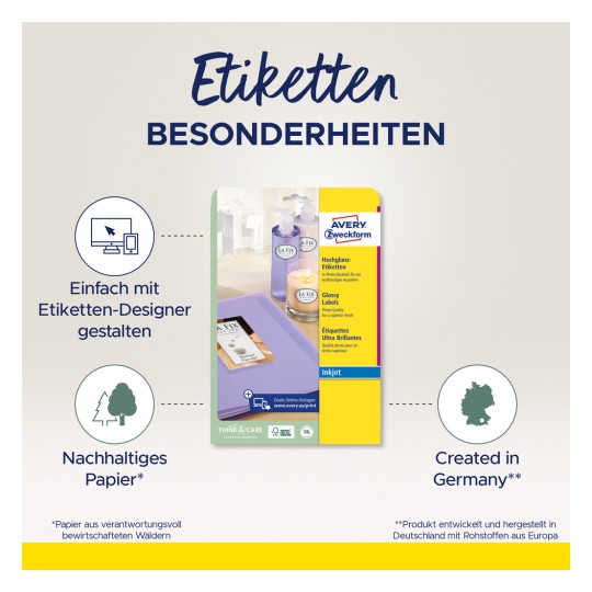 Imaginea prezintă un ambalaj de produs pentru etichete lucioase de la Avery Zweckform, evidențiind caracteristici precum designul ușor cu ajutorul unui instrument online, hârtia sustenabilă și faptul că produsul este creat în Germania.