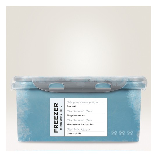 Imaginea arată o cutie de congelator albastru deschis cu un capac transparent. Are o etichetă albă cu secțiuni pentru numele produsului, data congelării, data expirării și o semnătură.