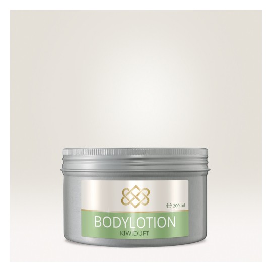 Imaginea arată un recipient argintiu de loțiune de corp cu eticheta 'BODYLOTION KIWIDUFT', indicând că are un conținut de 200 ml.