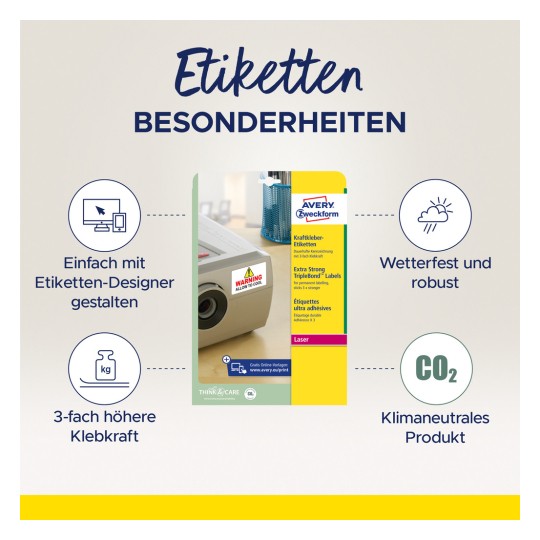 Imaginea prezintă etichete comercializate de Avery, evidențiind caracteristici importante precum simplitatea designului cu un designer de etichete online, adeziv puternic, rezistență la intemperii și neutralitate climatică. Este prezentă și o etichetă de avertizare care indică 'PERMITEȚI SĂ SE RĂCEASCĂ'.