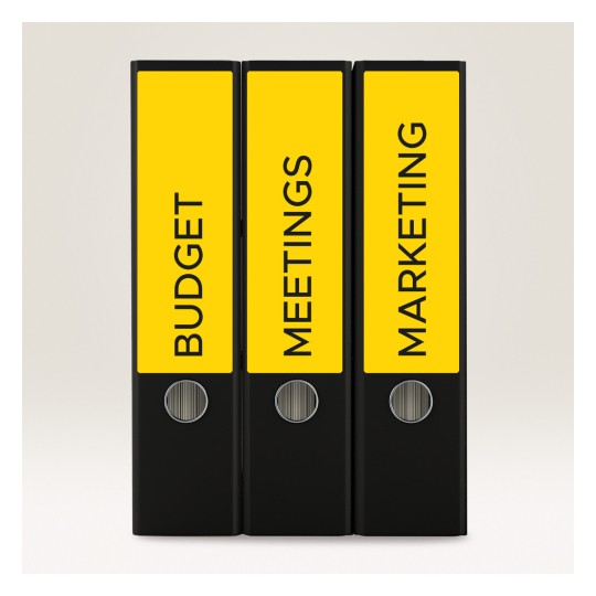 Imaginea arată trei dosare negre cu etichete galbene. Etichetele au inscripționate 'BUGET', 'ÎNTÂLNIRI' și 'MARKETING', indicând conținutul acestora.