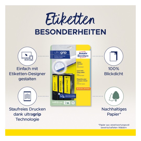 Imaginea prezintă un pachet de produse pentru etichete de arhivare Avery Zweckform ultra grip. Scoate în evidență caracteristici precum design ușor, opacitate de 100%, imprimare fără blocaje și hârtie durabilă.