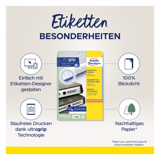 Imaginea prezintă un ambalaj de produs pentru etichetele Avery Zweckform, evidențiind caracteristici precum design ușor cu un designer de etichete, tehnologie ultra grip pentru imprimare fără probleme și hârtie sustenabilă obținută din păduri gestionate responsabil.